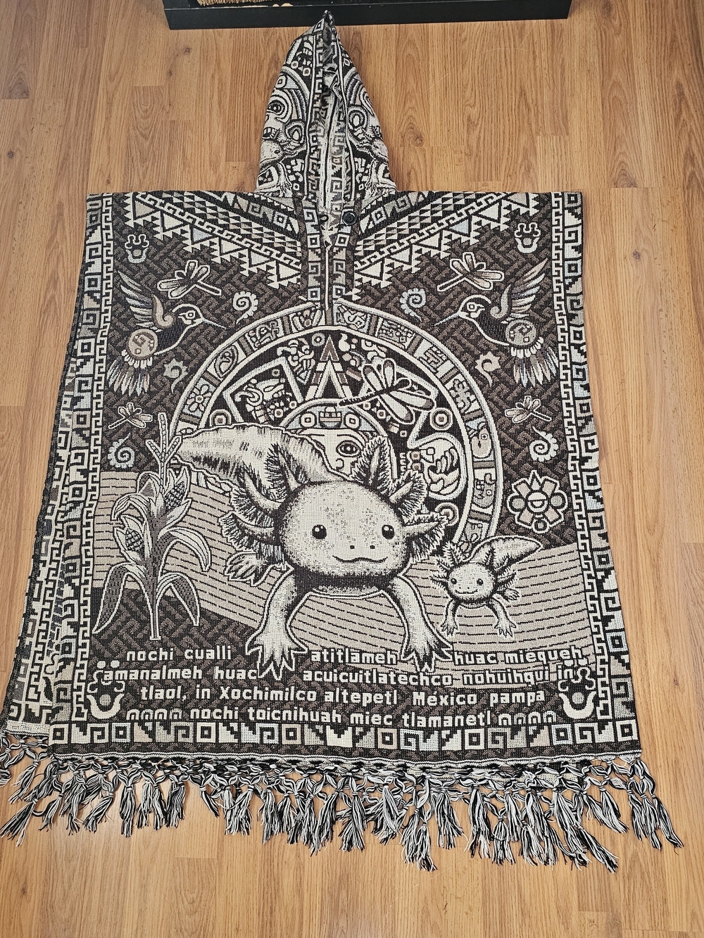 Boho Axolotl Hooded Poncho — Black and Cream